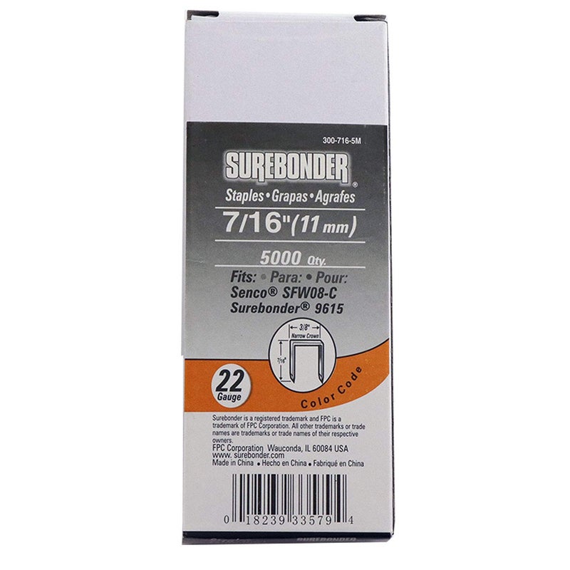 Surebonder 300-716-5M Narrow Crown 22 Gauge Upholstery Staples - 7/16"" Length - 5000 Count - Image 1